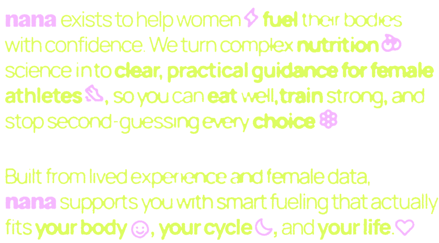 nana exists to help women fuel their bodies with confidence. We turn complex nutrition science into clear, practical guidance for female athletes, so you can eat well, train strong, and stop second-guessing every choice. Built from lived experience and female data, nana supports you with smart fueling that actually fits your body, your cycle, and your life.