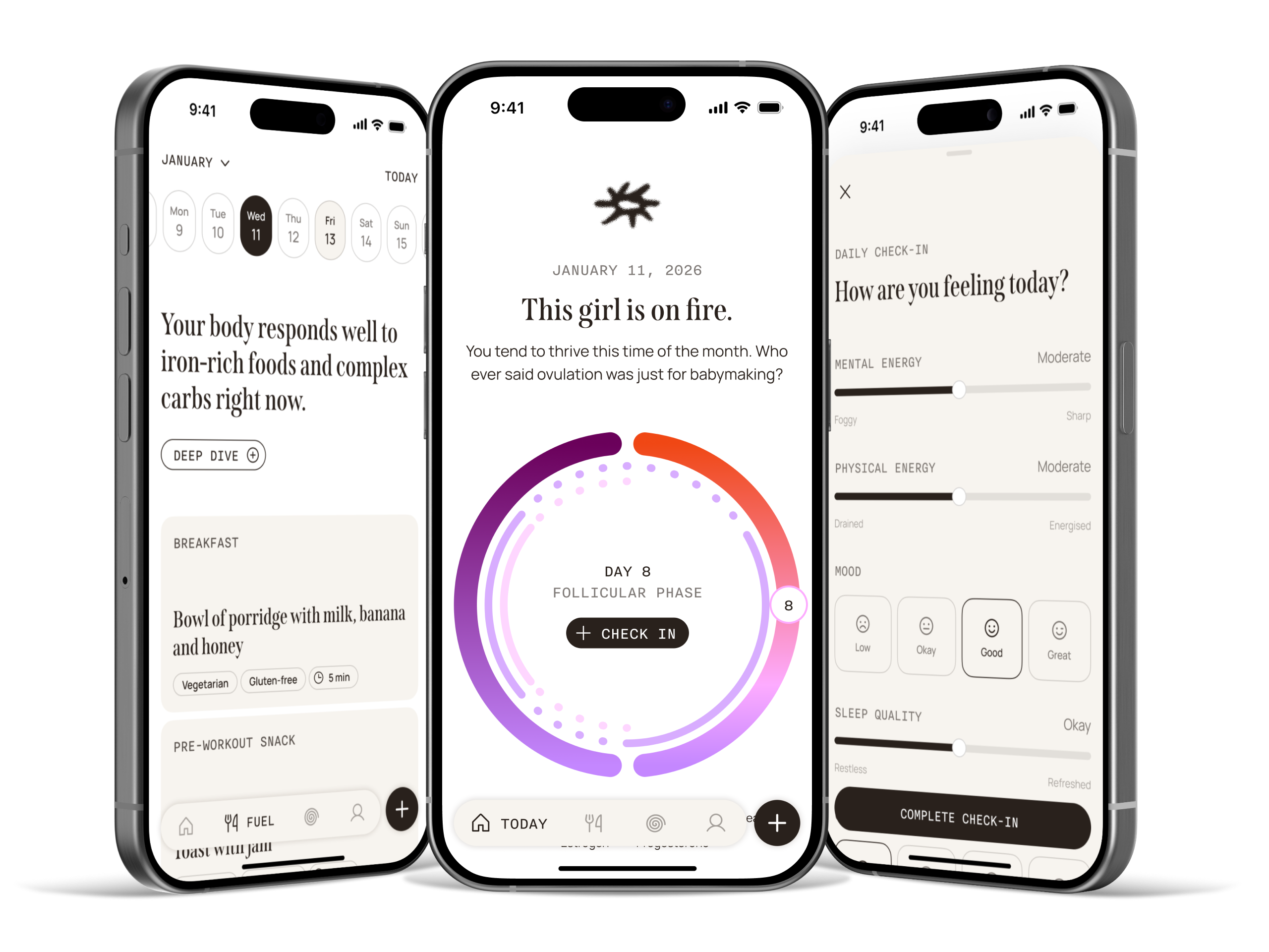 Three Nana app screens: daily fuel plan, cycle day view, and daily check-in